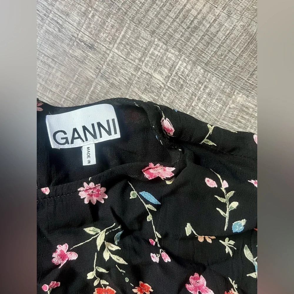 Ganni Elm Georgette Mini Dress 40 Floral Black Pink 8 Chiffon Wedding Garden - Picture 7 of 10